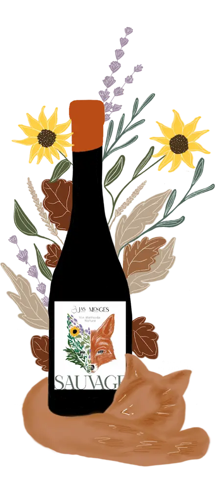 Illustration d'une bouteille de vin nature de Provence Jas Monges sur fond fleuri