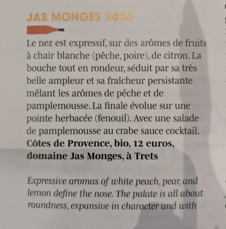 Article sur le Côtes de Provence rosé du Jas Monges dans le guide des vins en Provence-Alpes-Côte d'Azur 2025 de Nice Matin