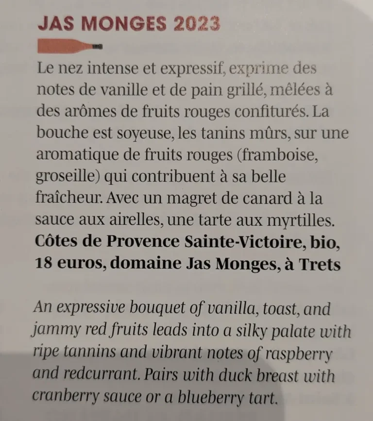 Article sur le Ste Victoire rouge du Jas Monges dans le guide des vins en Provence-Alpes-Côte d'Azur 2025 de Nice Matin