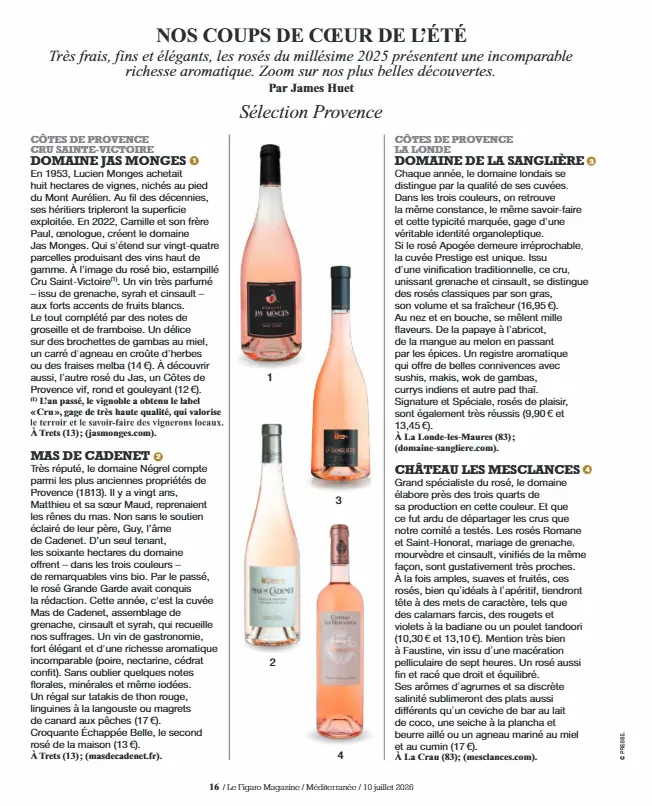 Article sur le Ste Victoire rosé du Jas Monges écrit par James Huet dans le magazine Figaro du vin, section "coups de coeur de l'été"