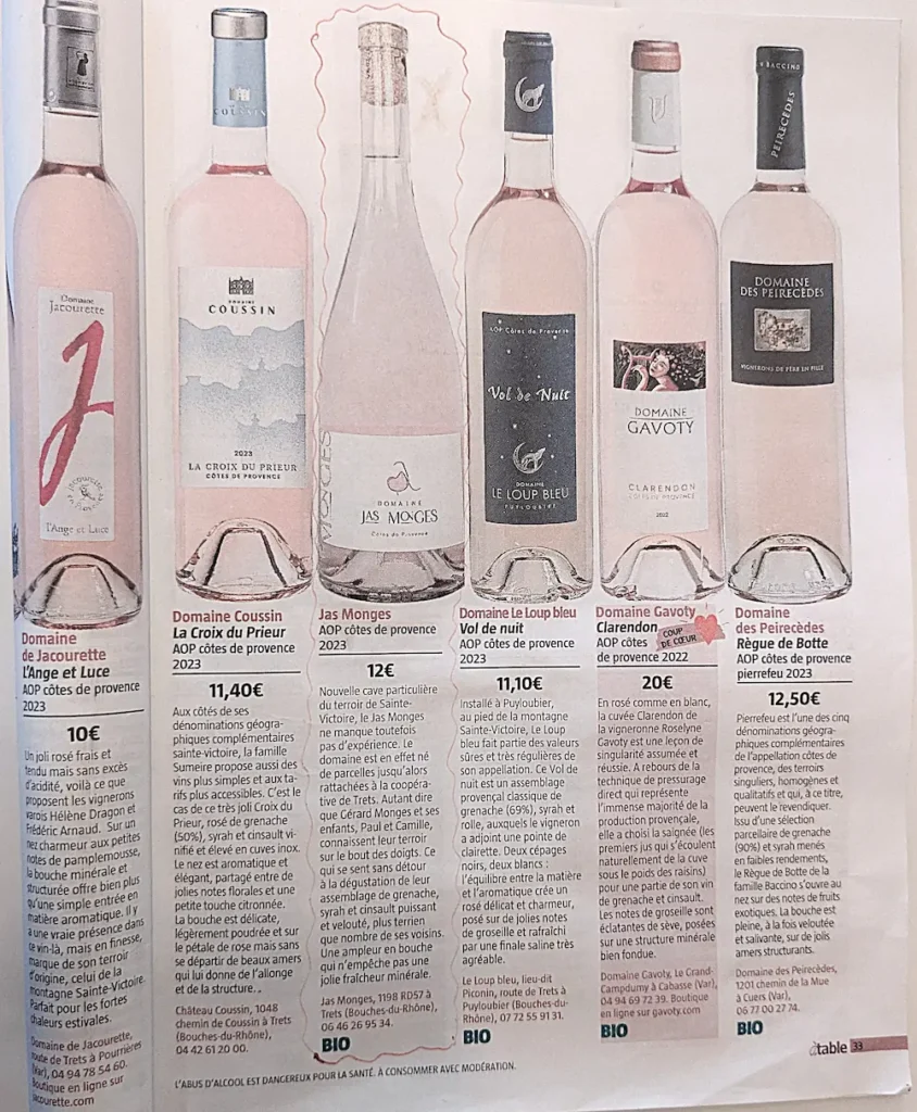 Article sur le Côtes de Provence rosé du Jas Monges écrit par Guénaël Lemouée pour le magazine à table de la Provence en juillet 2024