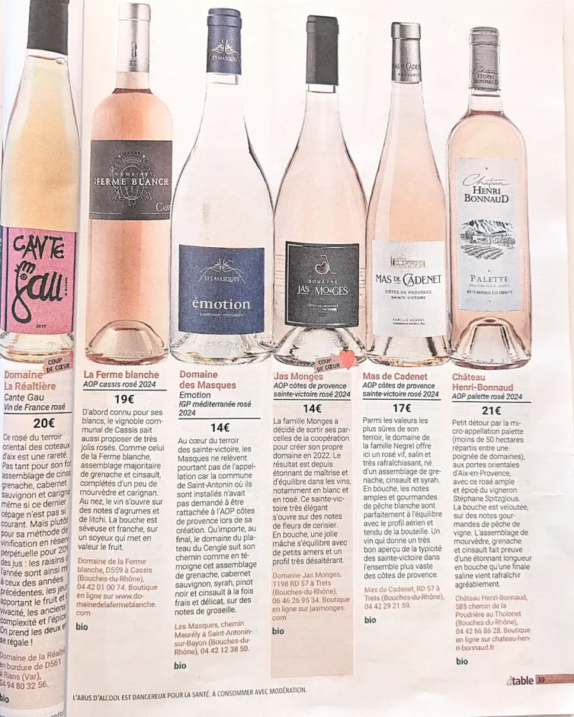 Article, coup de coeur sur le Ste Victoire rosé du Jas Monges écrit par Guénaël Lemouée pour le magazine à table de la Provence en juillet 2025