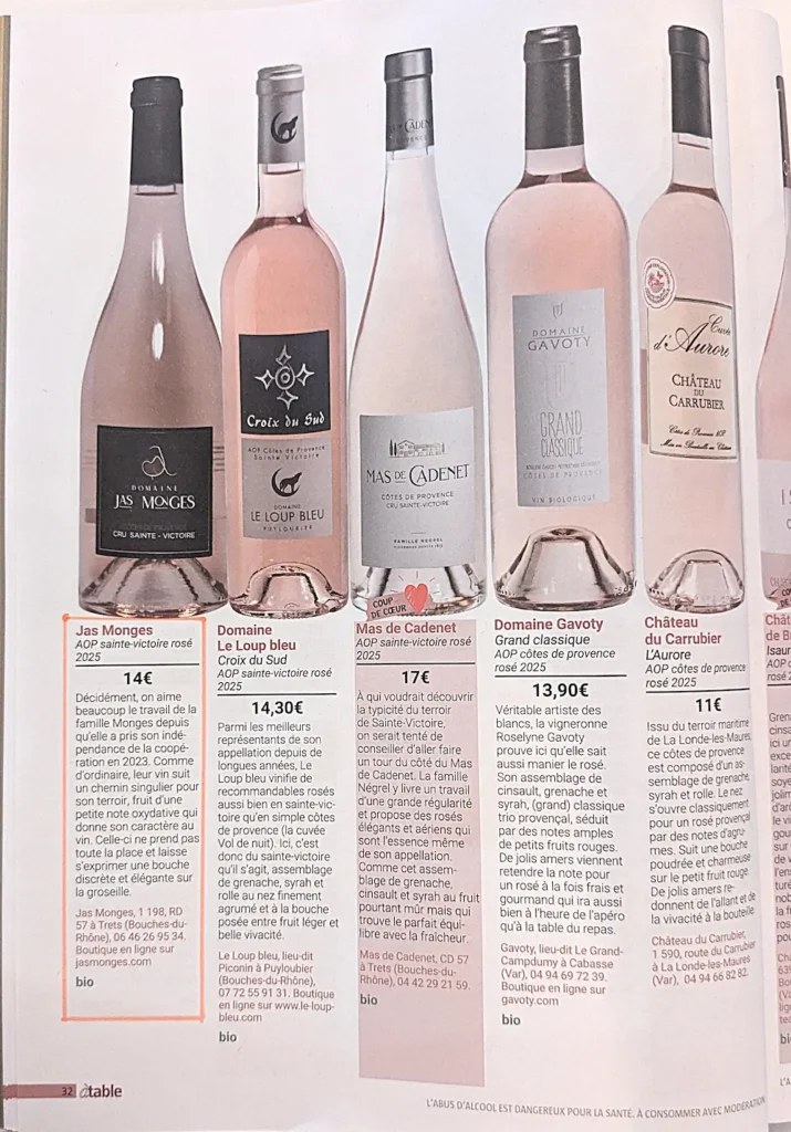Article sur le Côtes de Provence rosé du Jas Monges écrit par Guénaël Lemouée pour le magazine à table de la Provence en juillet 2026